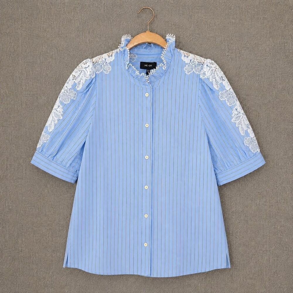 ME+EM Cotton Stripe Lace Detail Blouse Blue White Women US 10 NWT